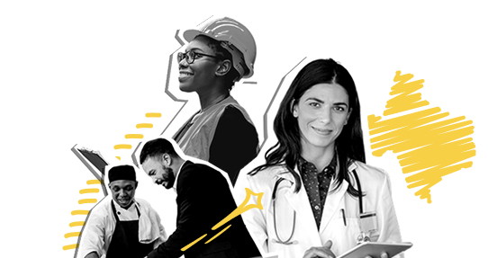 A collage of three people posing as an engineer with a hard hat, a chef in a kitchen, and a doctor in a lab coat.