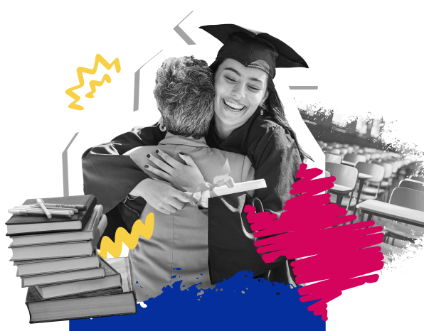 A woman in a graduation gown hugging another person while holding a diploma.