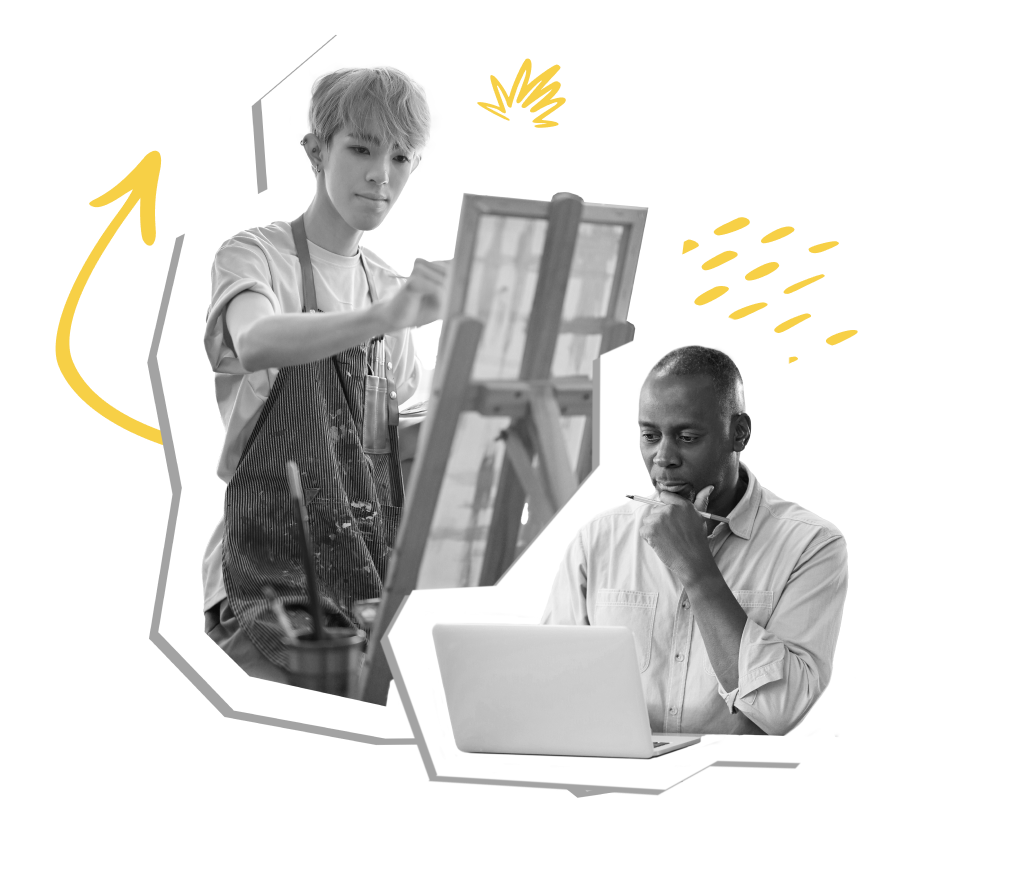 young man painting. man on laptop