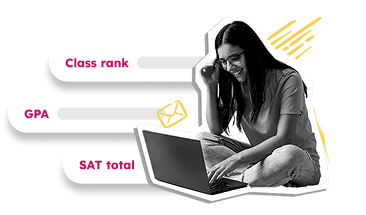 A student sits with a laptop, next to graphics labeled Class rank, GPA, and SAT total, with an envelope icon over GPA.