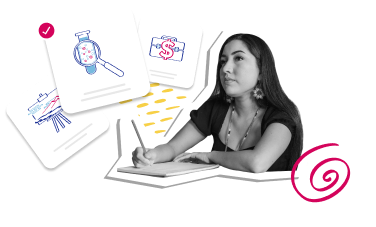 woman sitting at a desk with a pen and paper in front of her.